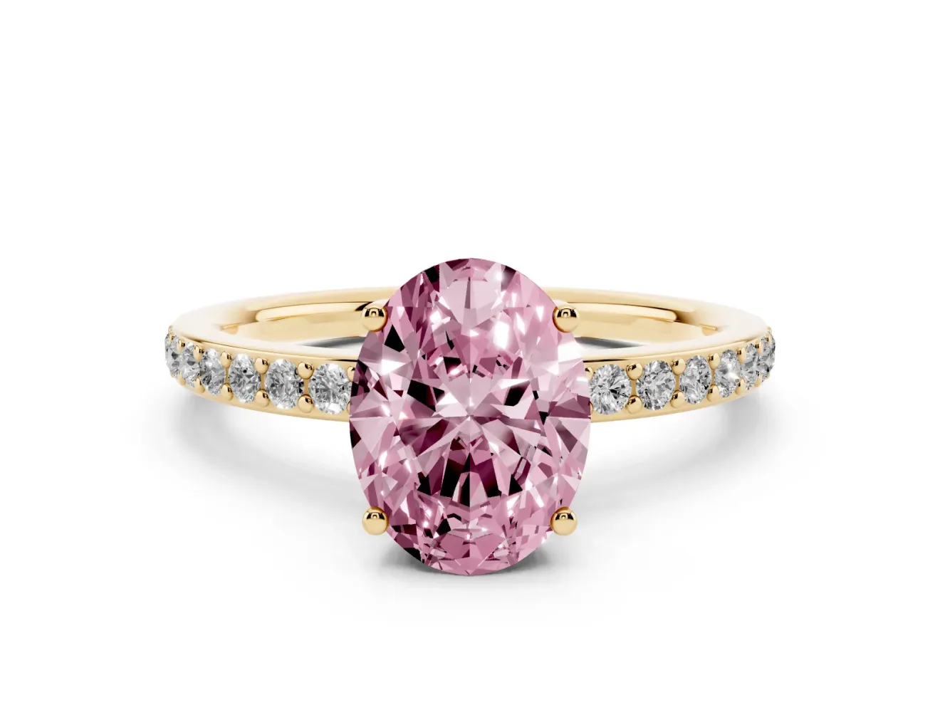 Fancy Pink Oval Cut Diamond Pavé Band Ring Set in Yellow gold with Prong-Set Center Stone