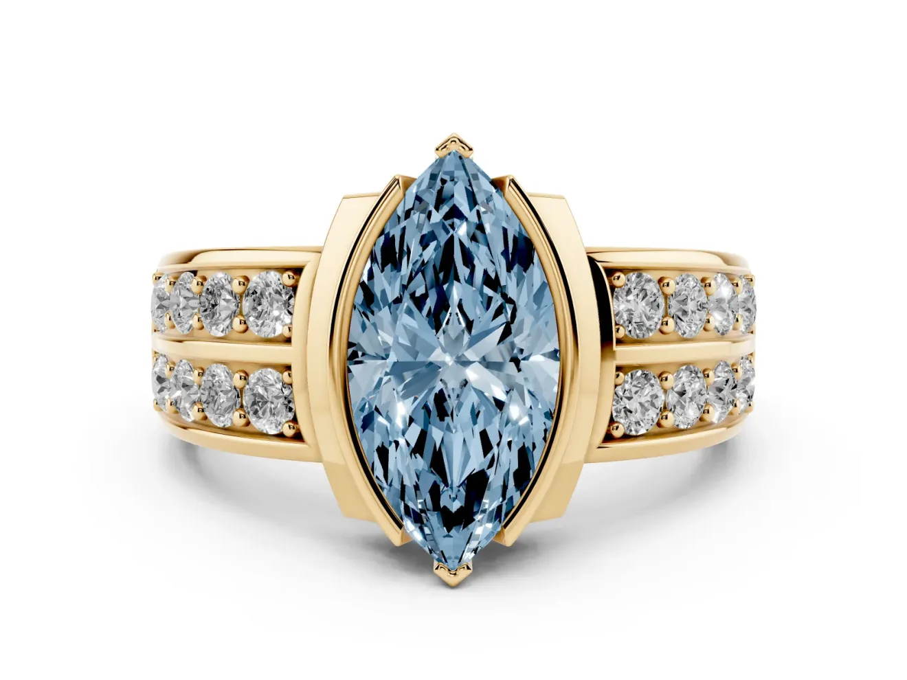 Marquise Half Bezel Engagement Ring Setting for a Fancy Blue Lab-Grown Diamond | Double Row Channel Band | Yellow Gold