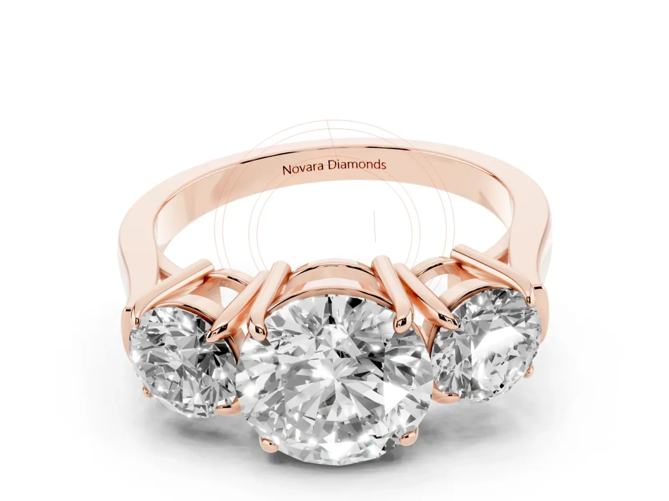 Round Three Stone Engagement Ring Setting | Round Side Stones and Open Baskets | Rose Gold