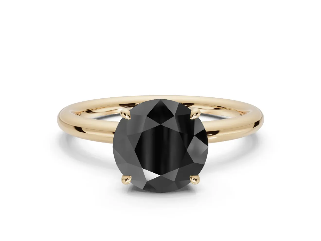 Round Hidden Halo Engagement Ring Setting for a Black Center | Thin Plain Band | Yellow Gold