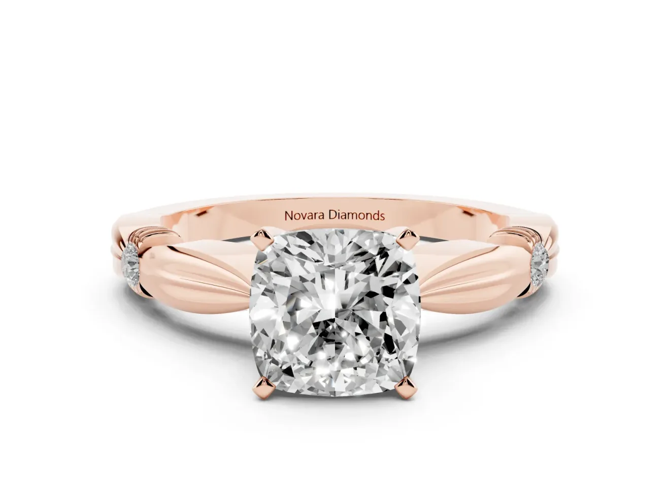 Cushion Cut Diamond Solitaire Twisted Band Ring Set in Rose gold with Accent Stones and Prong Setting