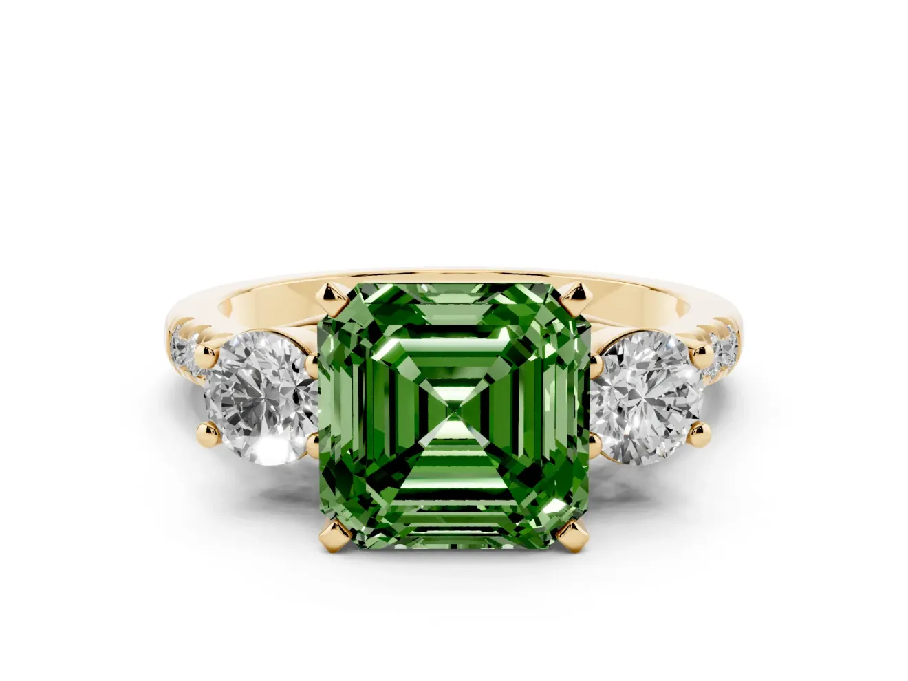 Fancy Green Three-Stone Asscher Cut Diamond Pavé Band Ring Set in Yellow gold with Prong-Set Trio