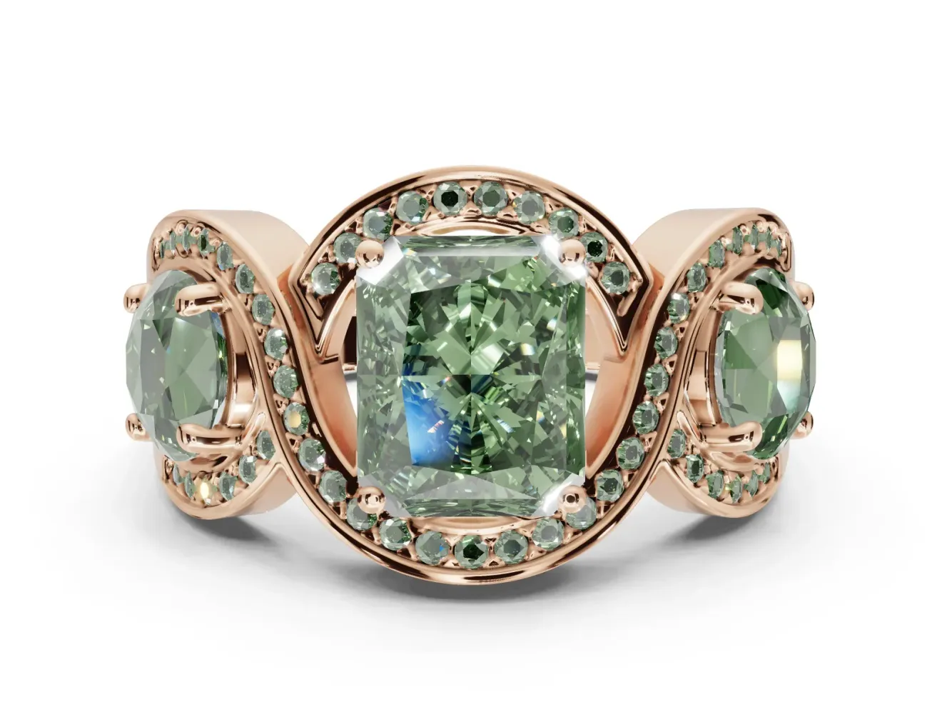 Radiant Cut Three Stone Halo Engagement Ring Setting for a Fancy Green Lab-Grown Diamond | Pavé Wave Band | Rose Gold