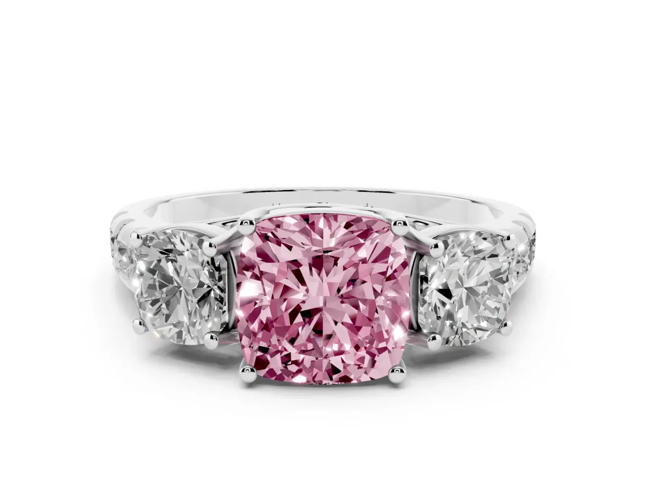Fancy Pink Cushion Cut Diamond Three-Stone Ring Set in Platinum with Pavé Band