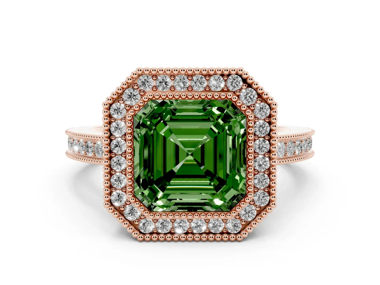Asscher Cut Milgrain Halo Engagement Ring Setting for a Fancy Green Lab-Grown Diamond | Rose Gold