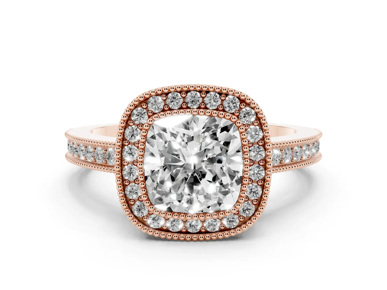 Cushion Cut Diamond Halo Ring Set in Rose gold with Pavé Band and Milgrain-Edged Prongs