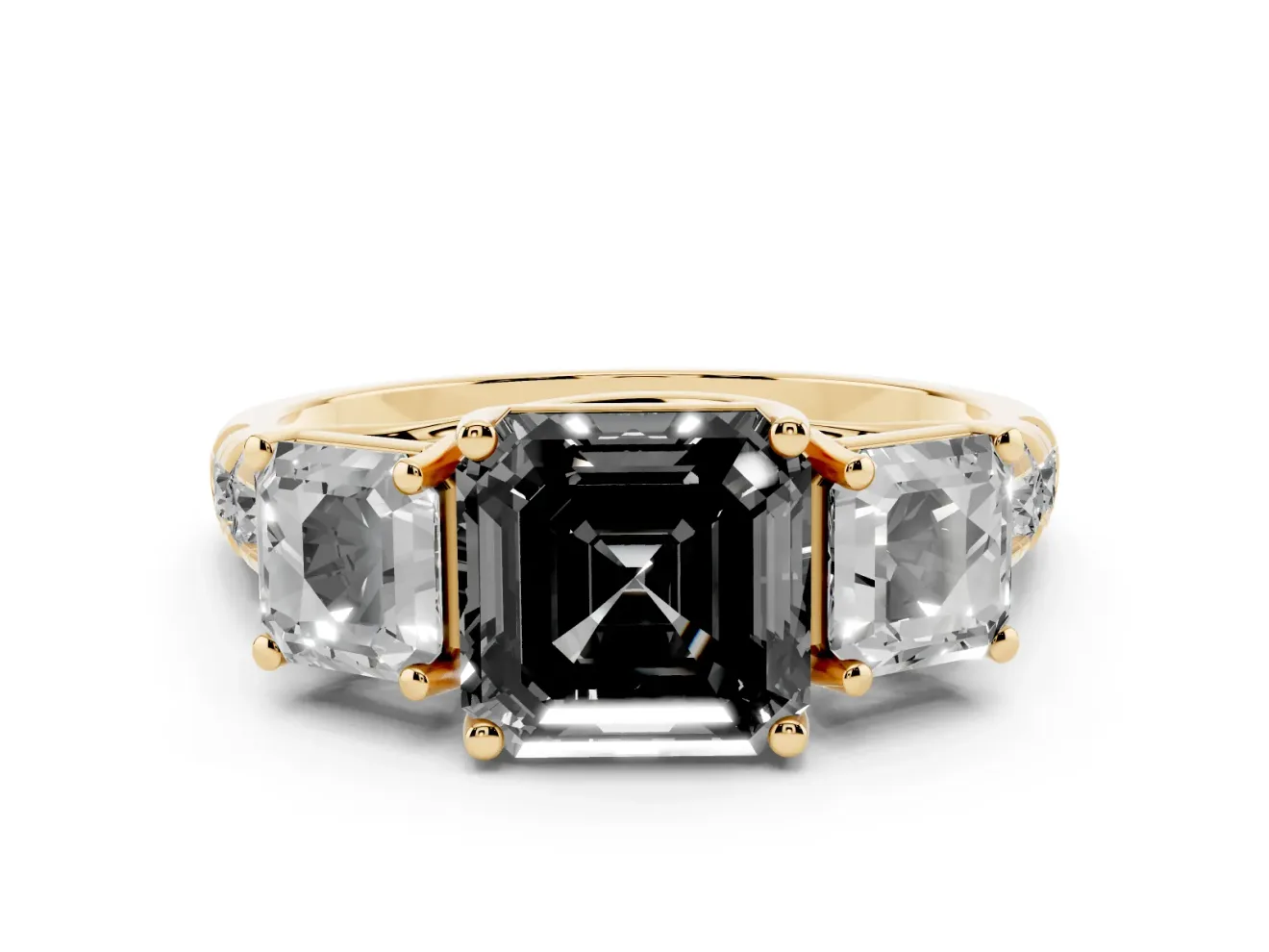 Asscher Cut Three Stone Engagement Ring Setting for a Black Center | Accented Shoulders | Yellow Gold