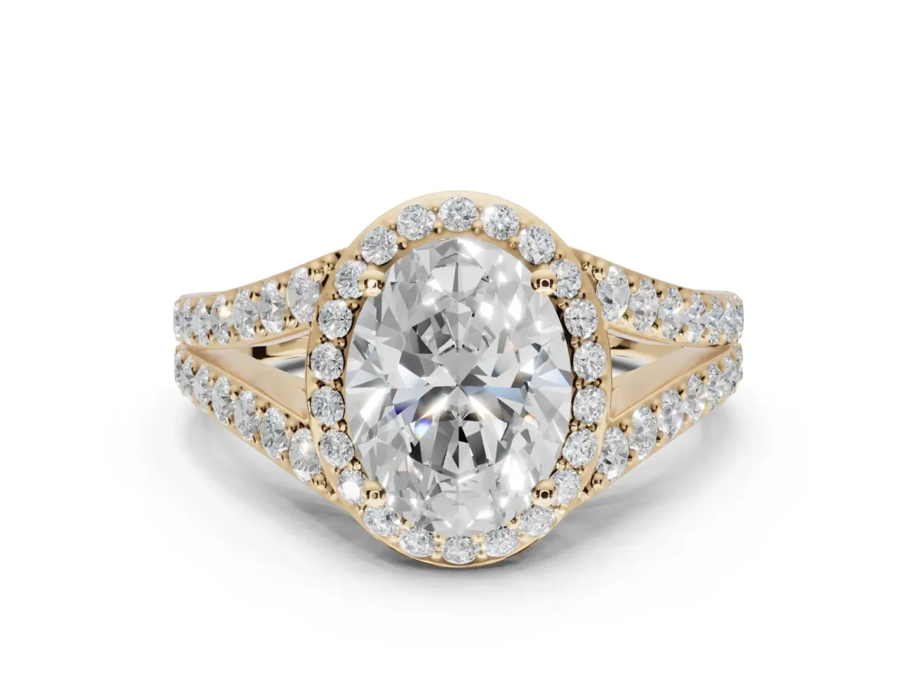 Oval Halo Pavé Engagement Ring Setting | Narrow Split Shank | Yellow Gold