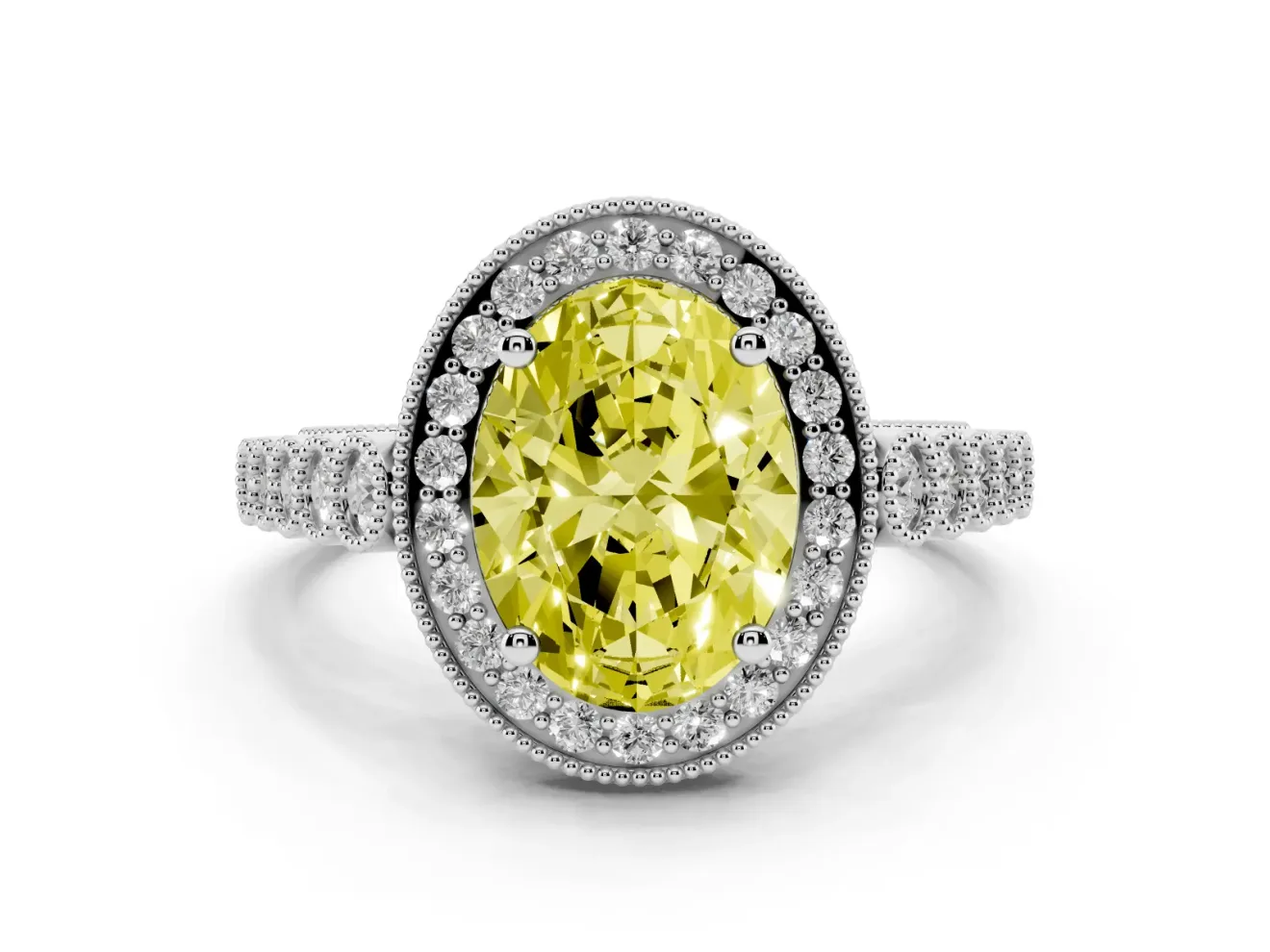 Oval Graduated Milgrain Halo Engagement Ring Setting for a Fancy Yellow Lab-Grown Diamond | Platinum
