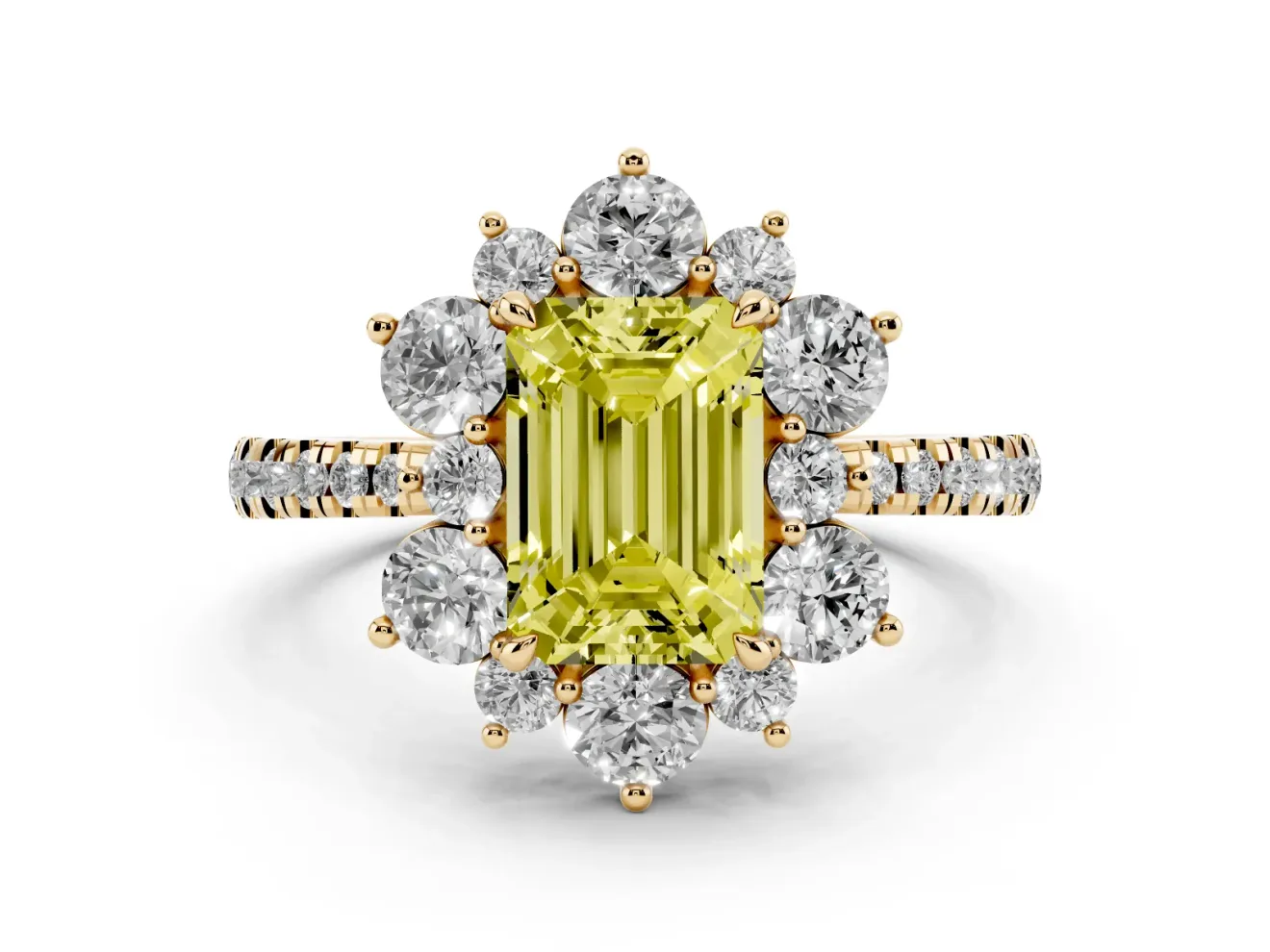 Fancy Yellow Emerald Cut Diamond Floral Halo Ring Set in Yellow gold with Round Pavé Band and Prong Setting