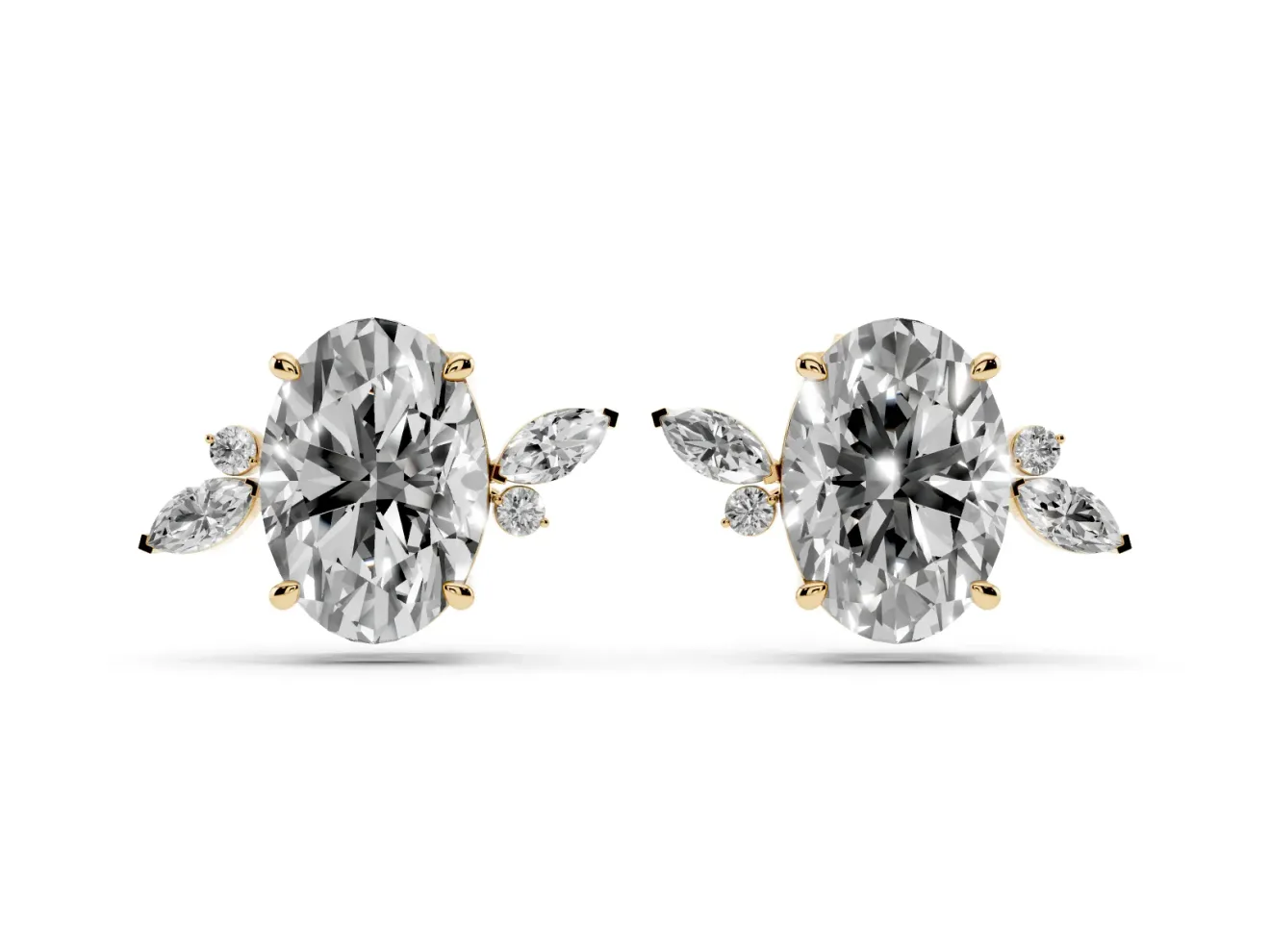 Oval Lab-Grown Diamond Nature Stud Earrings | Marquise Leaves | Yellow Gold
