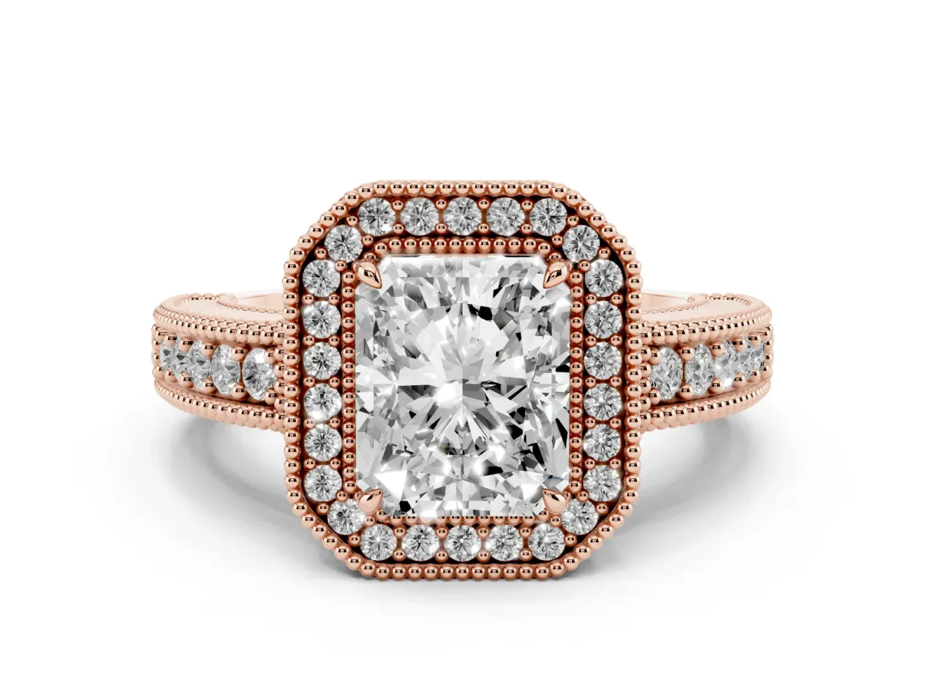 Radiant Cut Diamond Halo Ring Set in Rose gold with Round Accent Halo, Pavé Band and Prong Setting