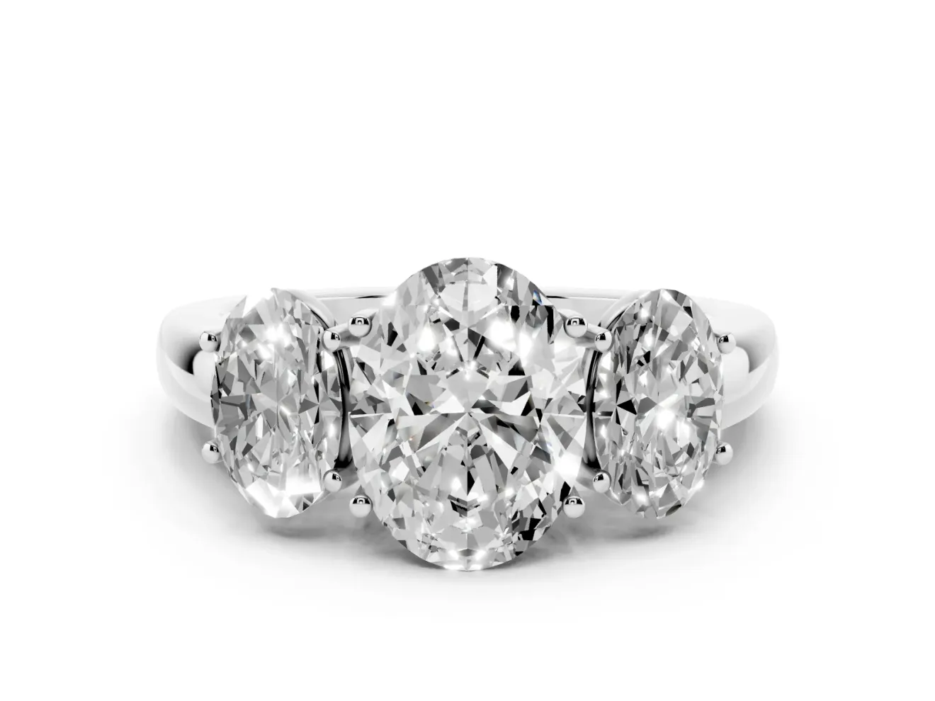 Oval Cut Diamond Three-Stone Ring Set in Platinum with Bold Center and Classic Band