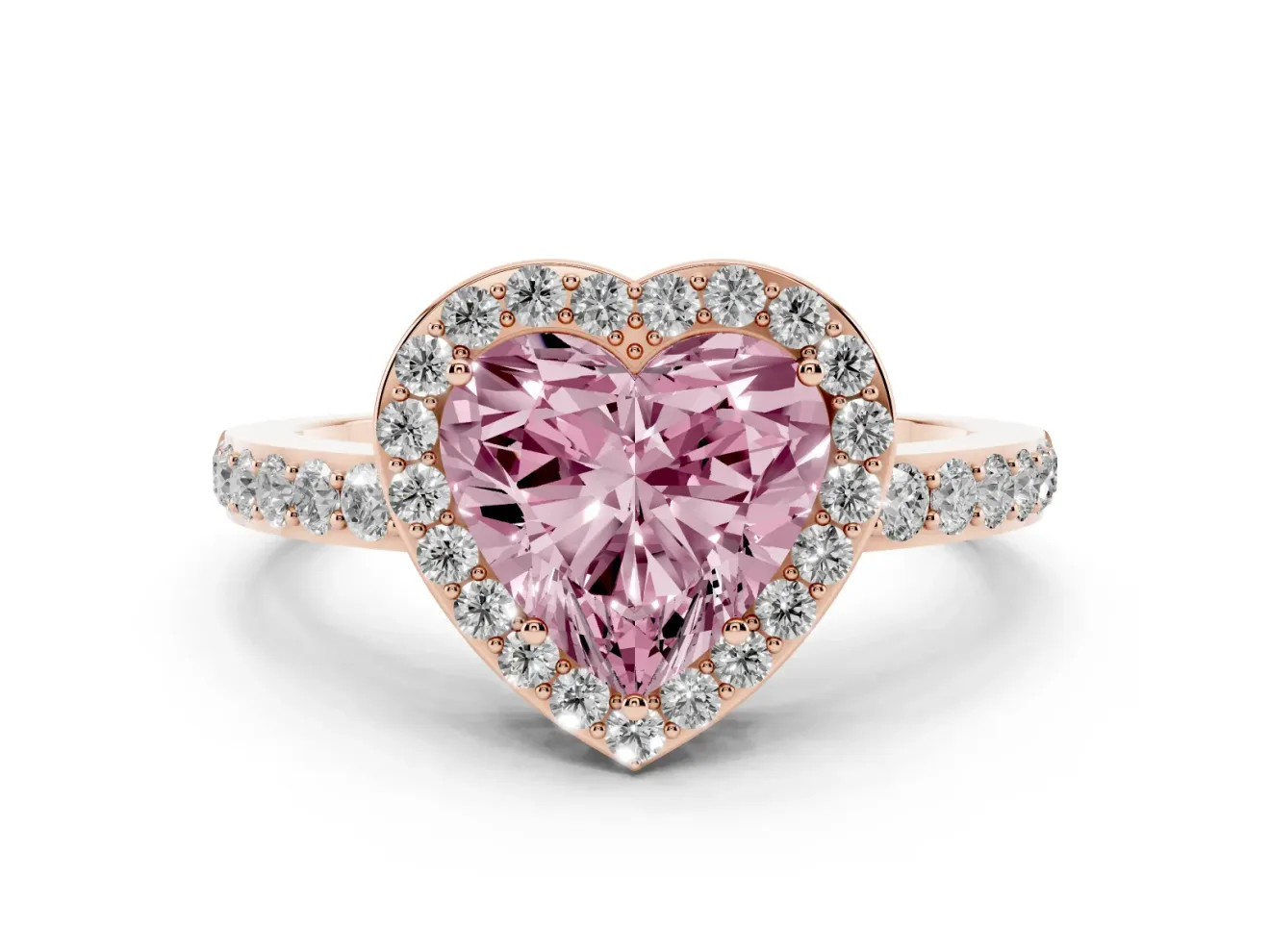 Fancy Pink Heart Cut Diamond Halo Ring Set in Rose gold with Pavé-Setting Band and Open Prong Center