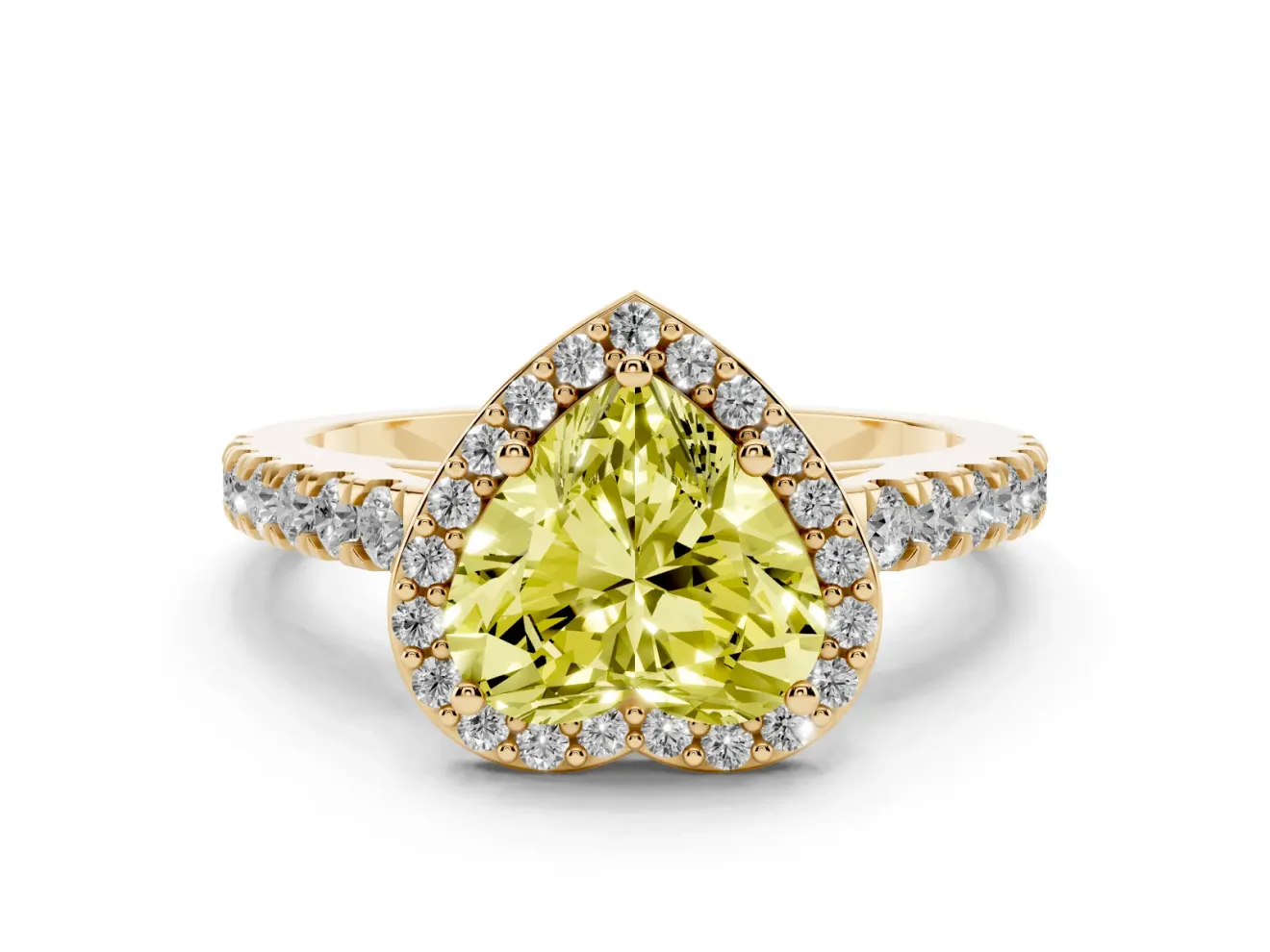 Fancy Yellow Heart Cut Diamond Halo Engagement Ring Set in Yellow gold with Pavé Band and Prong Setting