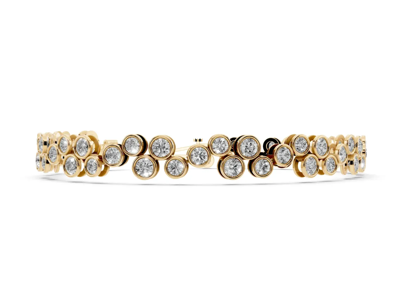 Round Lab-Grown Diamond Staggered Bezel Cluster Tennis Bracelet | Two-Level Line | Yellow Gold