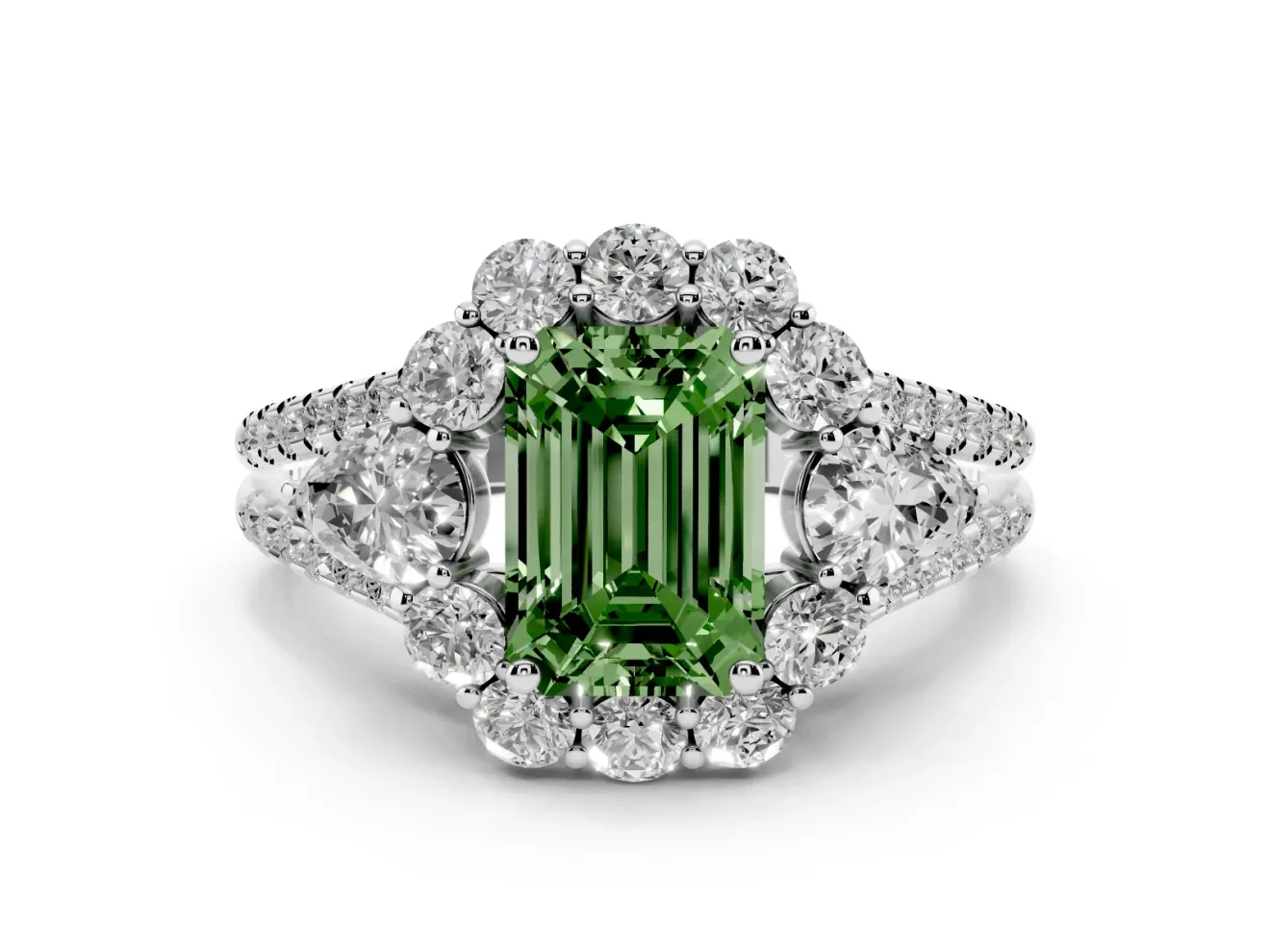 Fancy Green Emerald Cut Diamond Halo Split Shank Engagement Ring Set in Silver with Prong-Held Center Stone