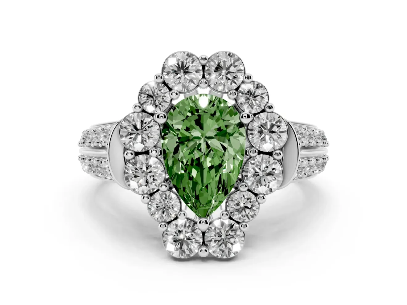 Fancy Green Pear Cut Diamond Halo Engagement Ring Set in White gold with Split Shank and Prong Setting