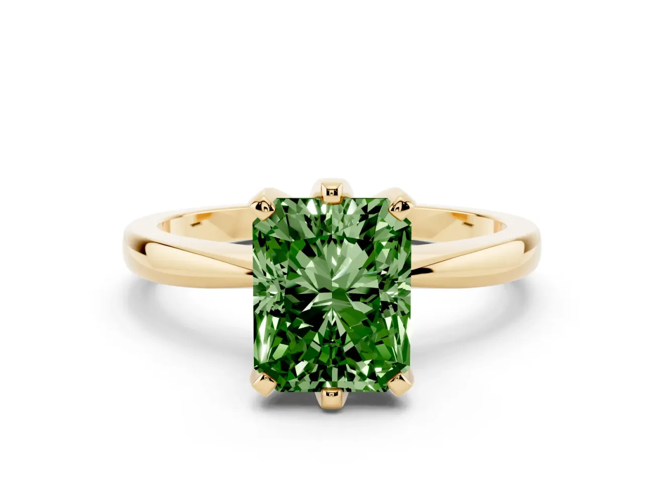Fancy Green Radiant Cut Diamond Solitaire Engagement Ring Set in Yellow gold with Slim Tapered Solitaire Band
