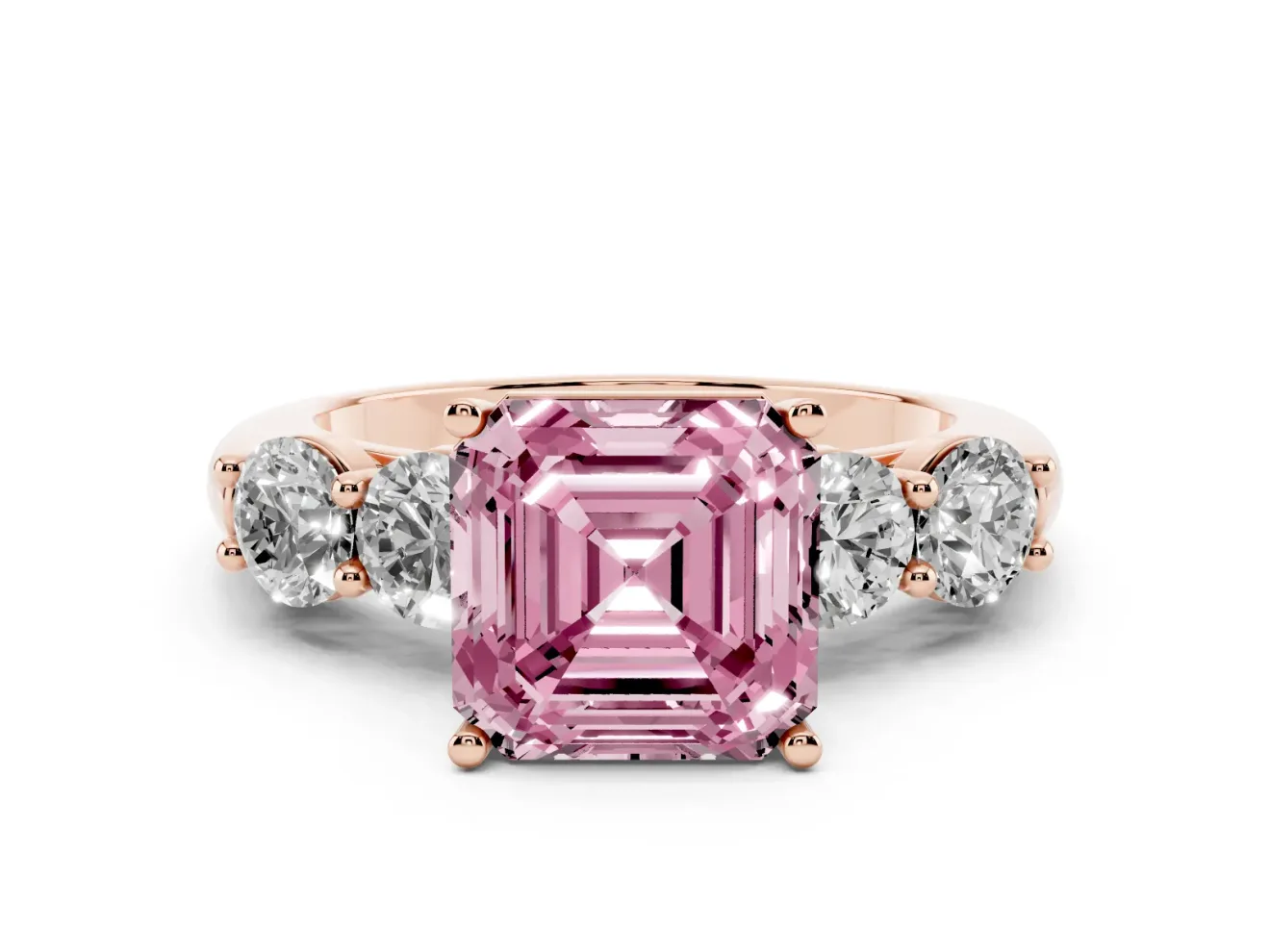 Fancy Pink Asscher Cut Diamond Five-Stone Prong Set Ring Set in Rose gold with Classic Band