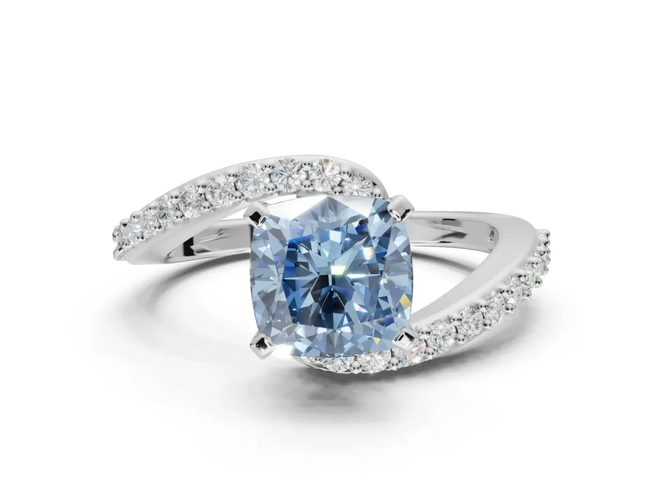 Cushion Cut Bypass Pavé Engagement Ring Setting for a Fancy Blue Lab-Grown Diamond | Platinum