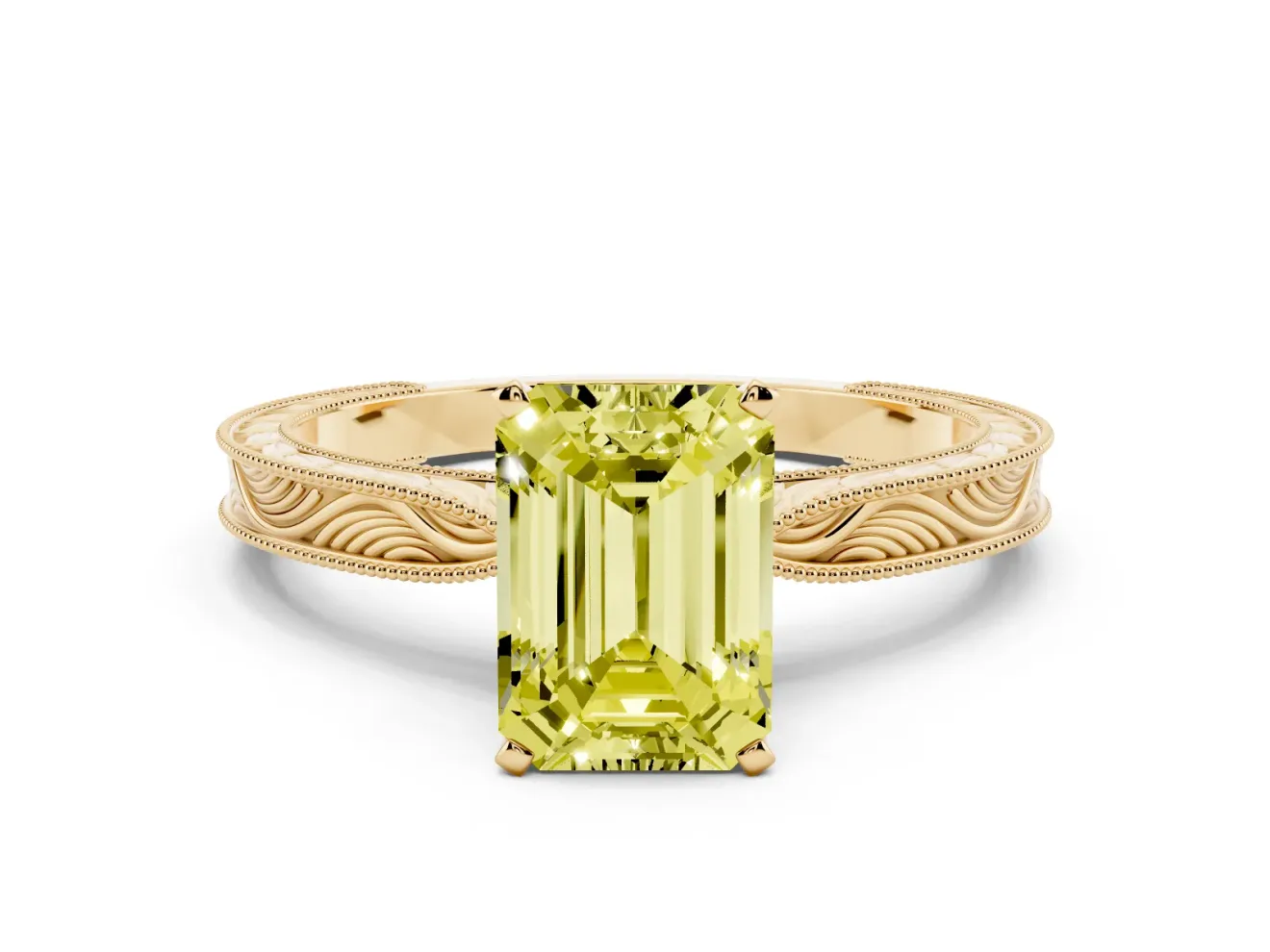 Fancy Yellow Emerald Cut Diamond Solitaire Milgrain Engraved Band Set in Yellow gold with Prong Setting