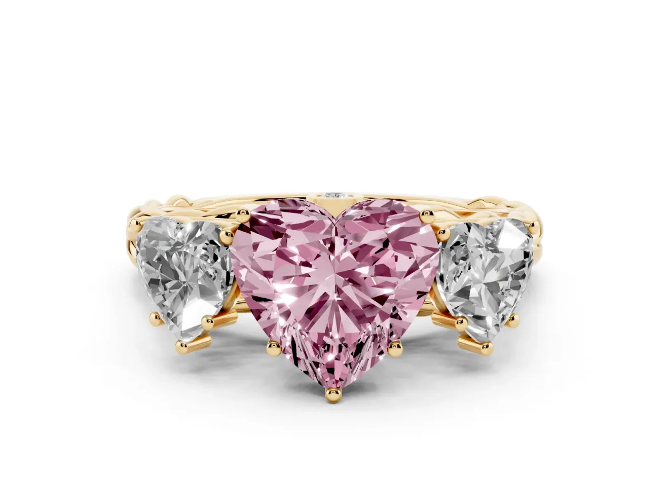 Heart-Shaped Three Stone Engagement Ring Setting for a Fancy Pink Lab-Grown Diamond | Braided Band | Yellow Gold