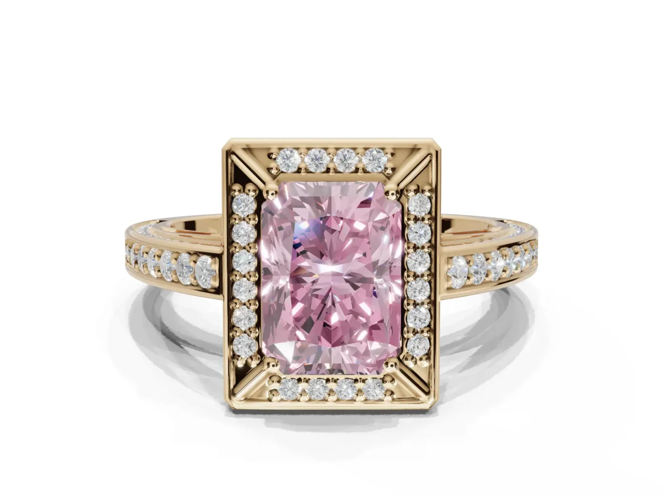 Radiant Cut Sectioned Halo Engagement Ring Setting for a Fancy Pink Lab-Grown Diamond | Yellow Gold