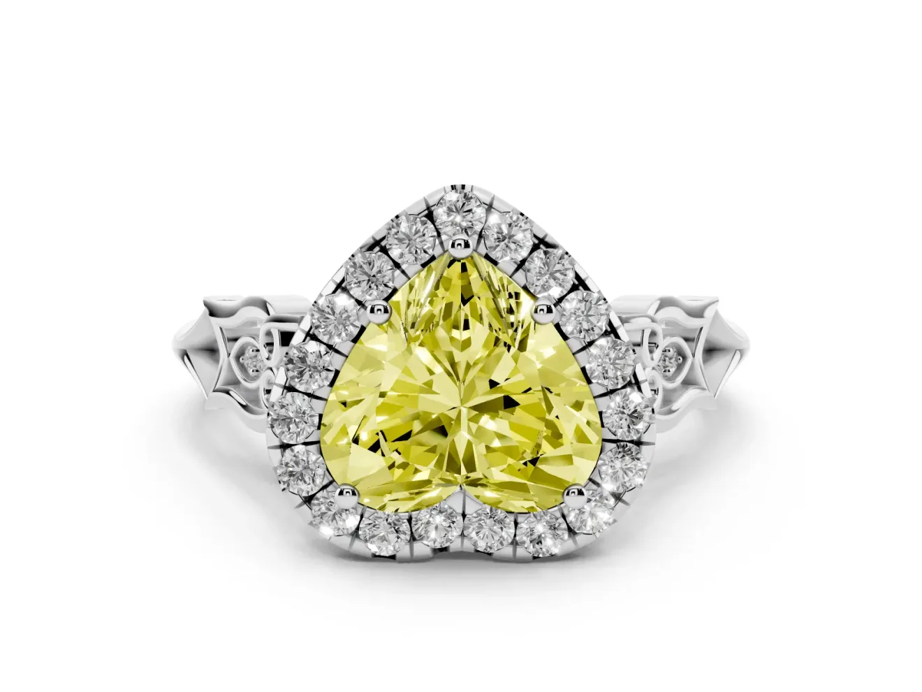 Heart-Shaped Halo Engagement Ring Setting for a Fancy Yellow Lab-Grown Diamond | Filigree Shoulders | White Gold