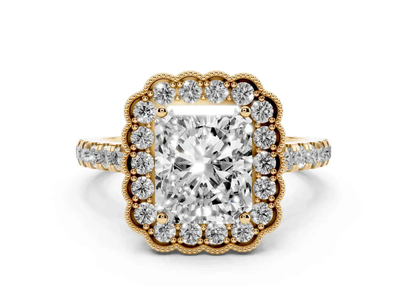 Radiant Cut Diamond Milgrain Floral Halo Engagement Ring Set in Yellow gold with Pavé Band