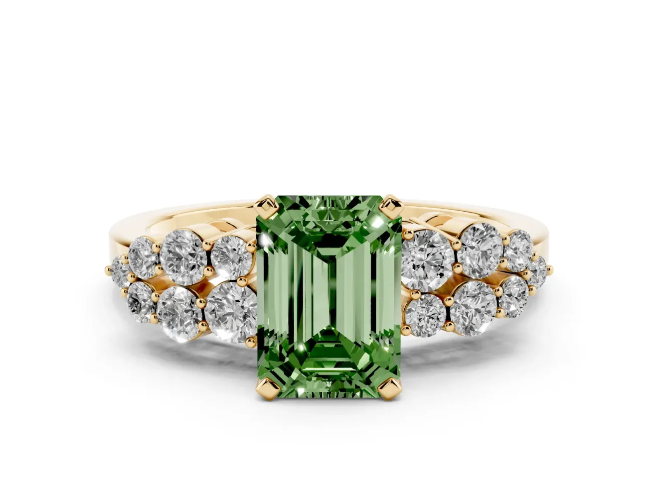 Fancy Green Emerald Cut Diamond Cluster Engagement Ring Set in Yellow gold with Pavé Band and Prong Setting