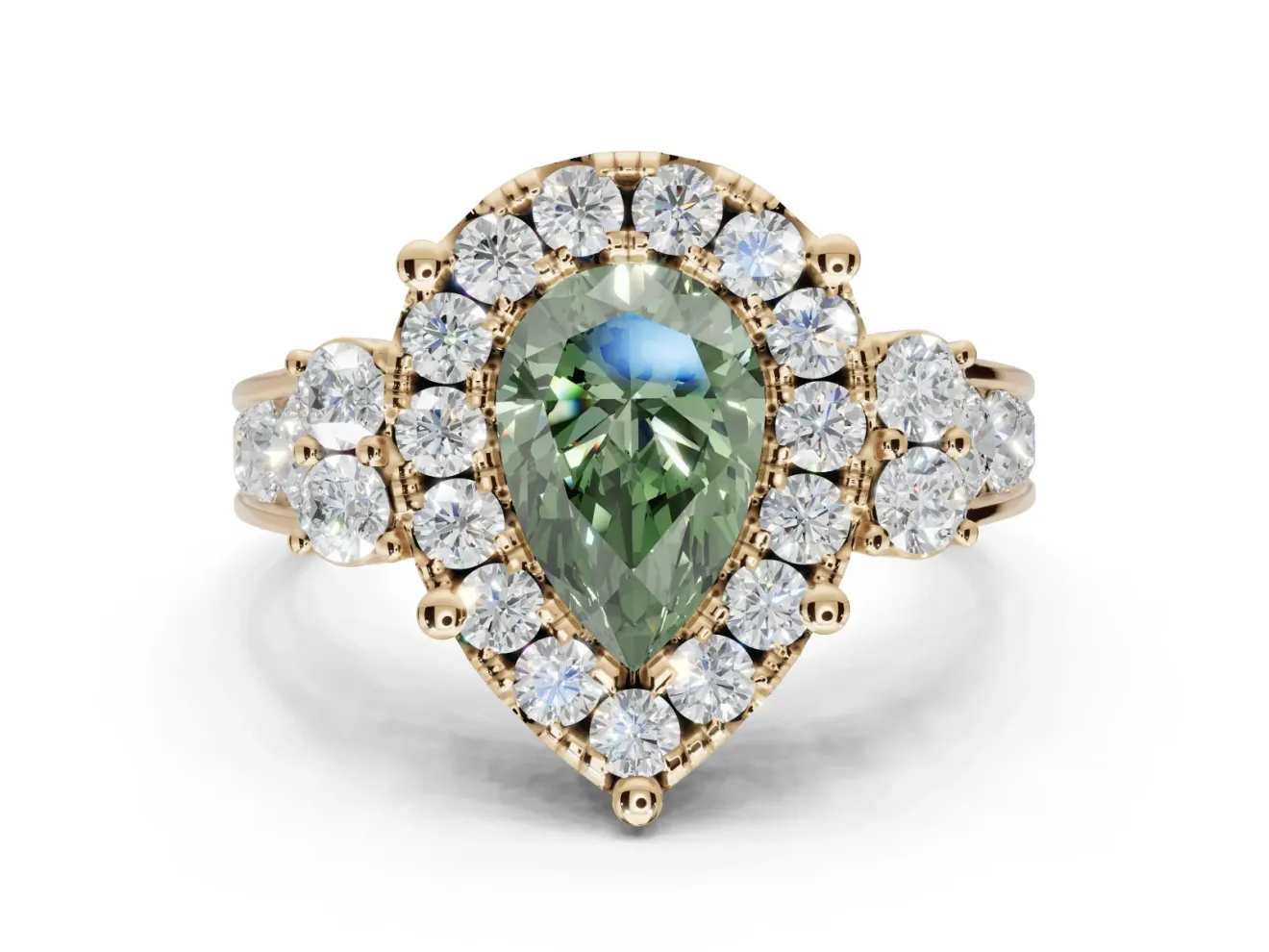 Pear-Shaped Halo Engagement Ring Setting for a Fancy Green Lab-Grown Diamond | Graduated Channel Band | Yellow Gold
