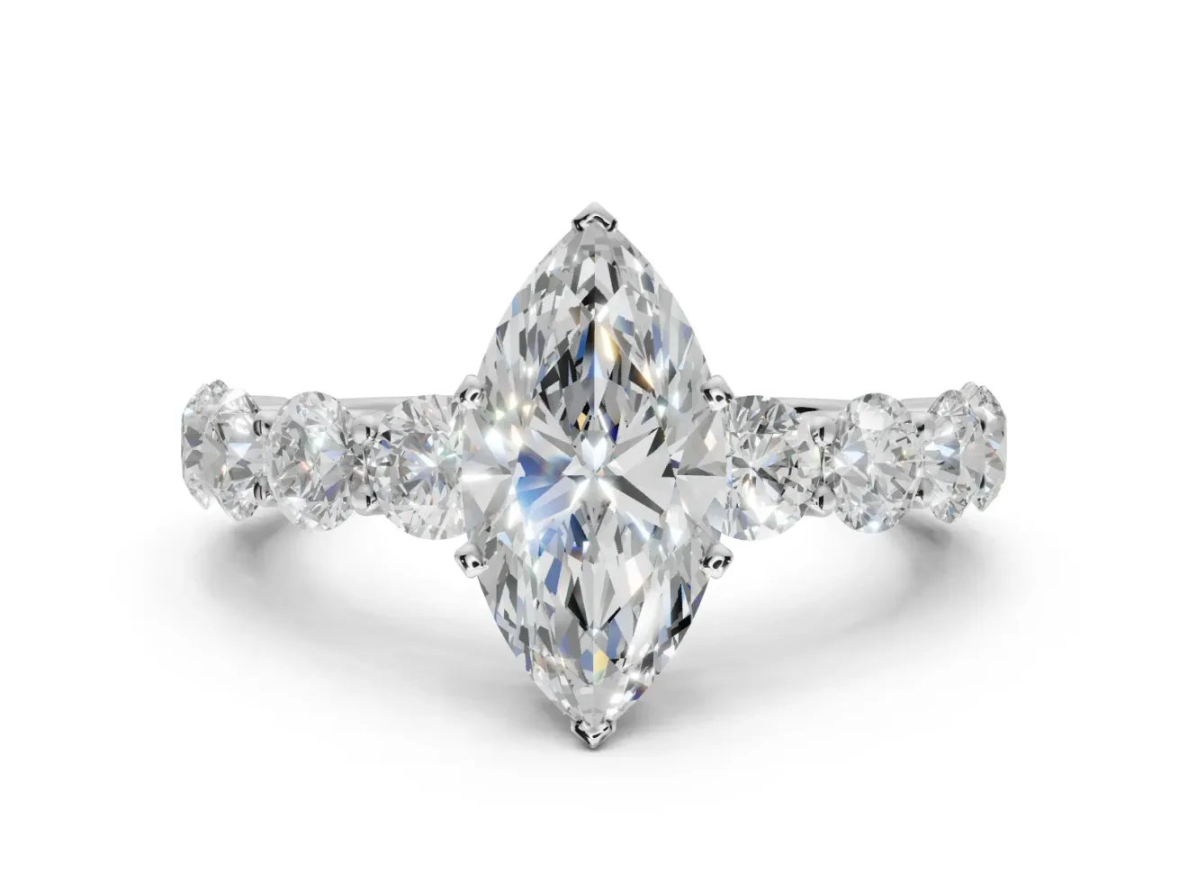 Marquise Side Stone Engagement Ring Setting | Scalloped Prong Accents | White Gold