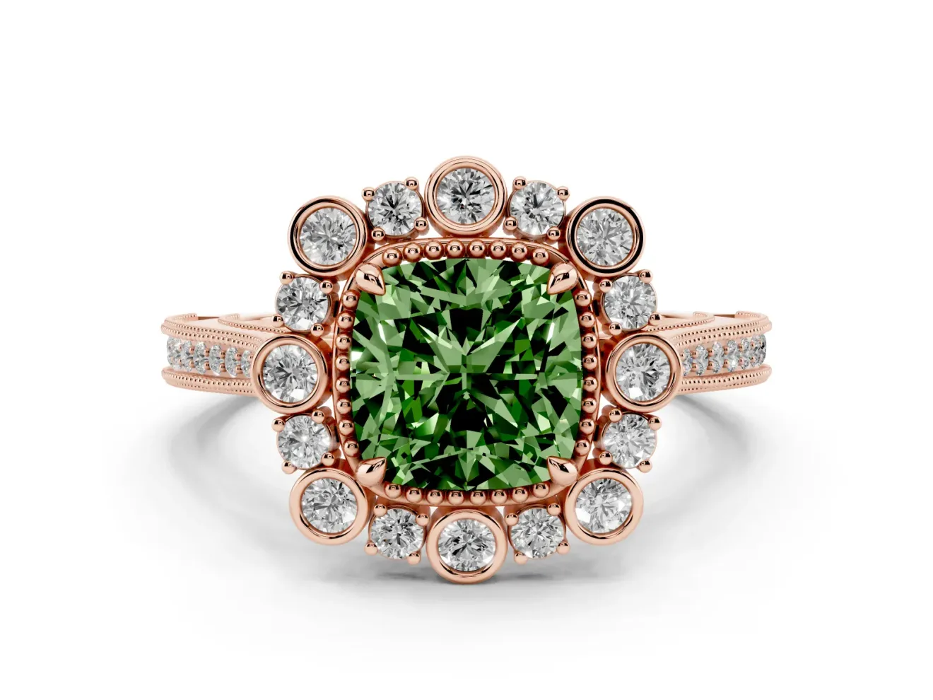 Fancy Green Cushion Cut Diamond Halo Milgrain Pavé Ring Set in Rose gold with Prong Setting