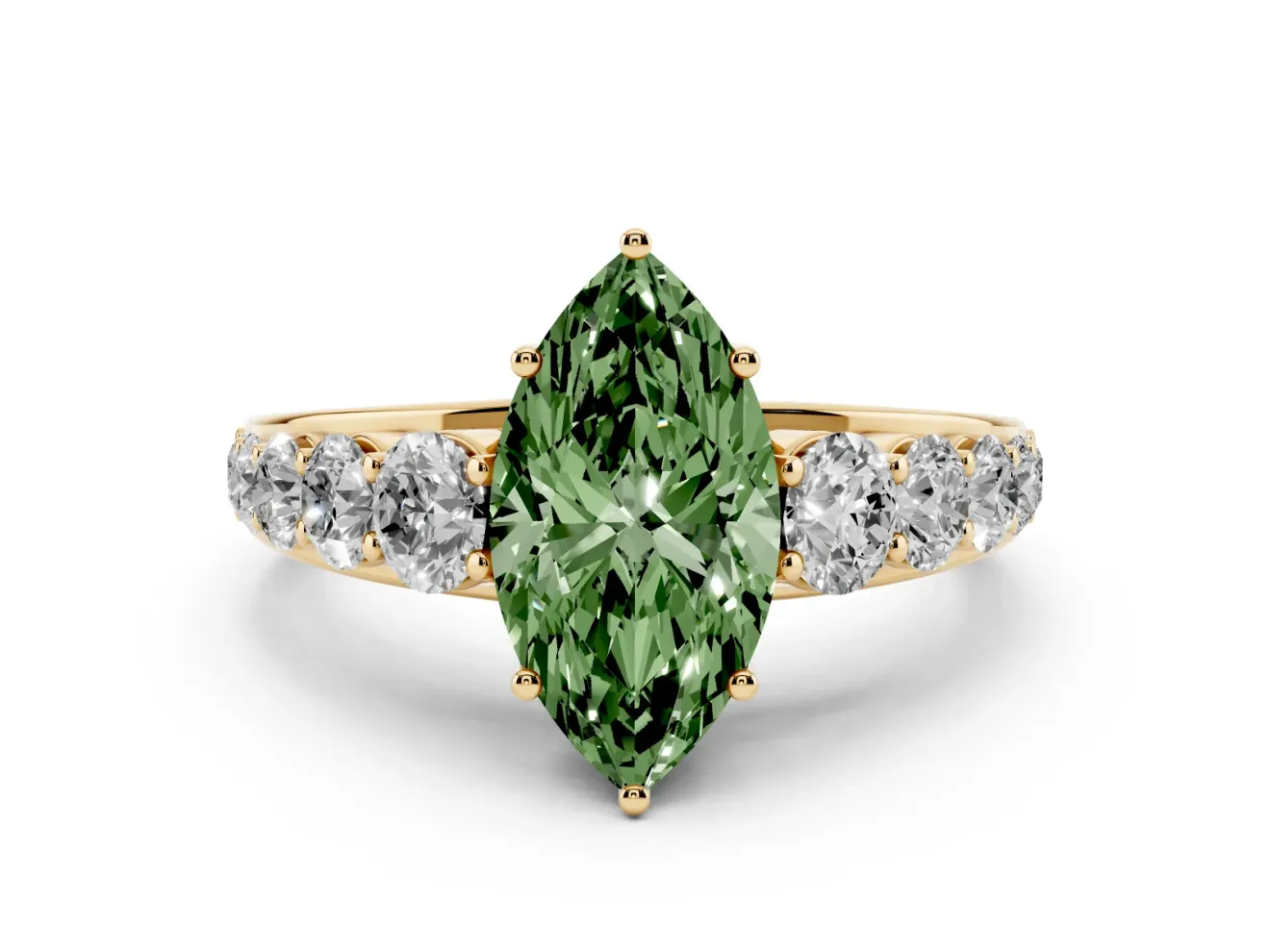 Marquise Graduated Side Stone Engagement Ring Setting for a Fancy Green Lab-Grown Diamond | Flat Top Band | Yellow Gold