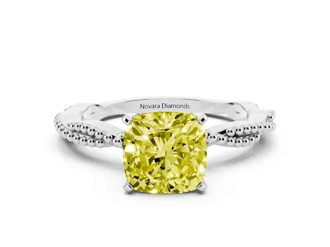 Fancy Yellow Cushion Cut Diamond Solitaire Ring Set in Platinum with Twisted Band and Bead Prong Setting