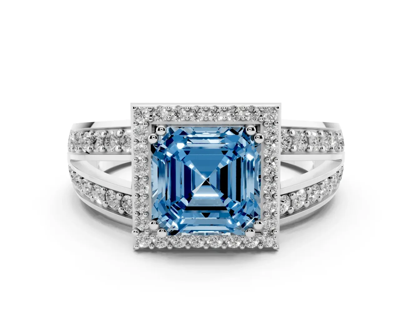 Asscher Cut Halo Engagement Ring Setting for a Fancy Blue Lab-Grown Diamond | Two-Row Pave Split Shank | Sterling Silver