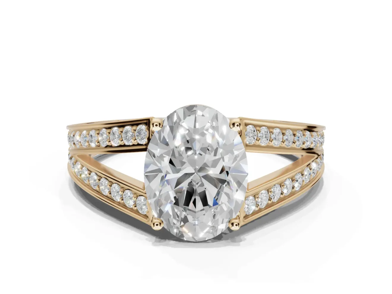 Oval Split Shank Pavé Engagement Ring Setting | Engraved Leaf Sides | Yellow Gold