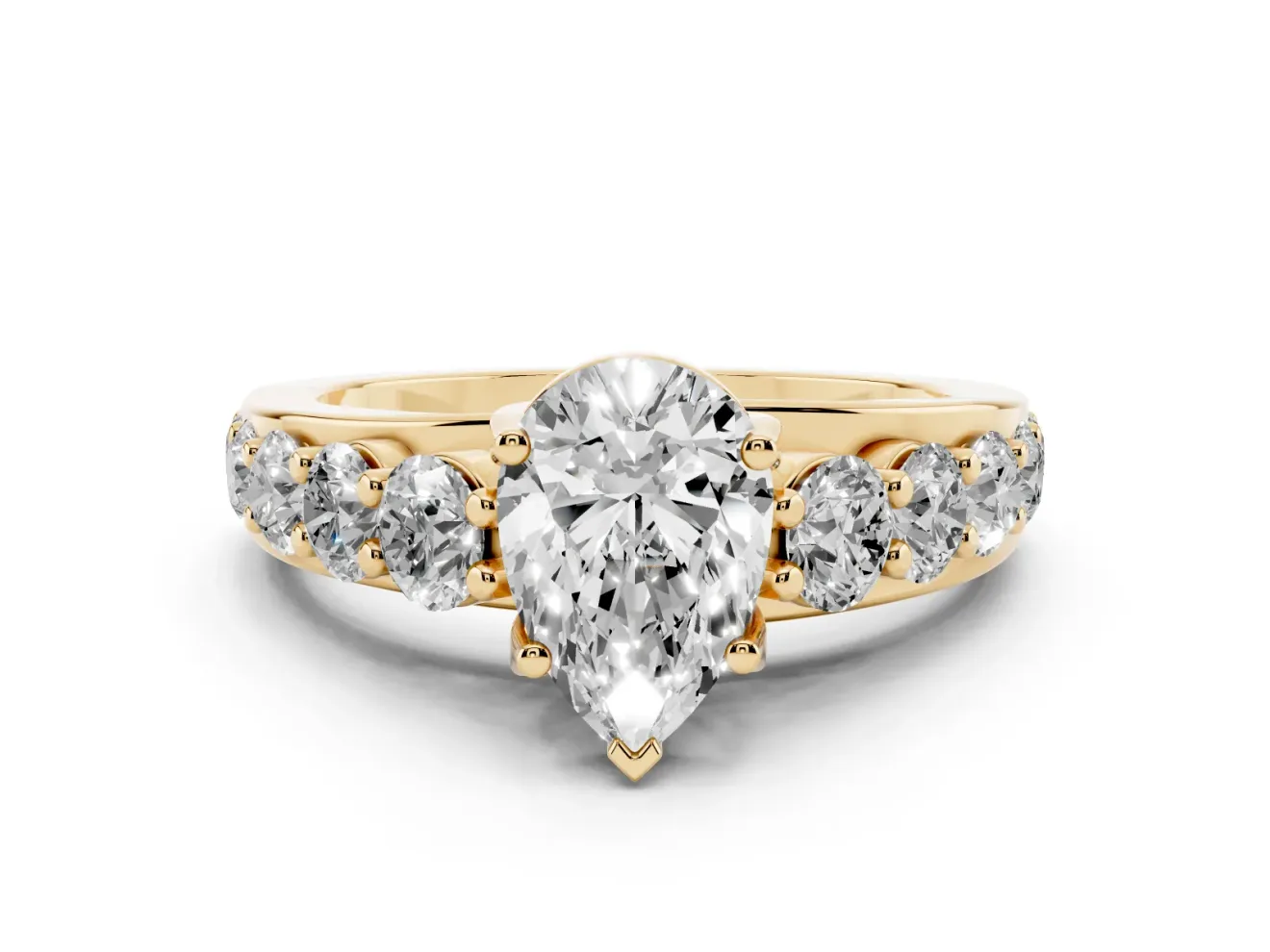 Pear-Shaped Graduated Side Stone Engagement Ring Setting | Shared Prong Rails | Yellow Gold