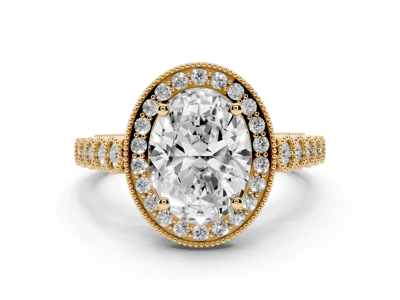 Oval Cut Diamond Milgrain Halo Solitaire Ring Set in Yellow gold with Bezel Set Side Stones and Pavé Band