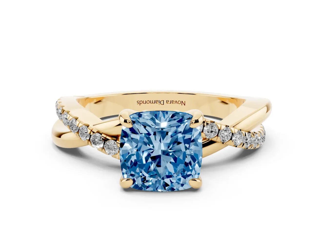 Fancy Blue Cushion Cut Diamond Twist Band Solitaire Set in Yellow gold with Pavé Accents and Prong Setting