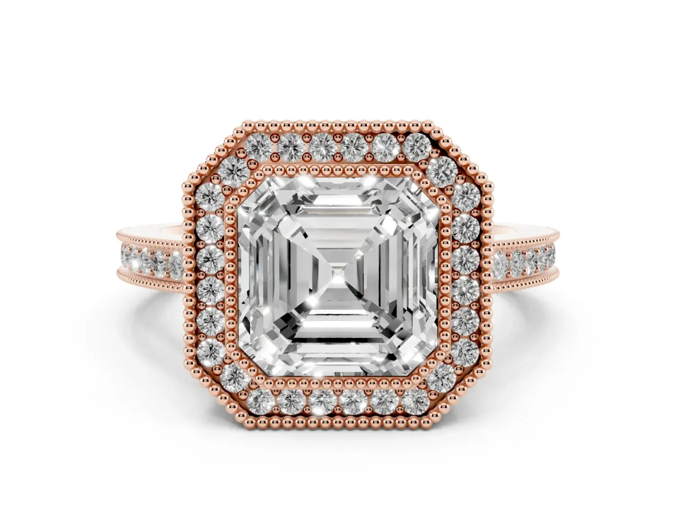 Asscher Cut Diamond Halo Ring Set in Rose gold with Pavé Band and Milgrain-Edged Prongs