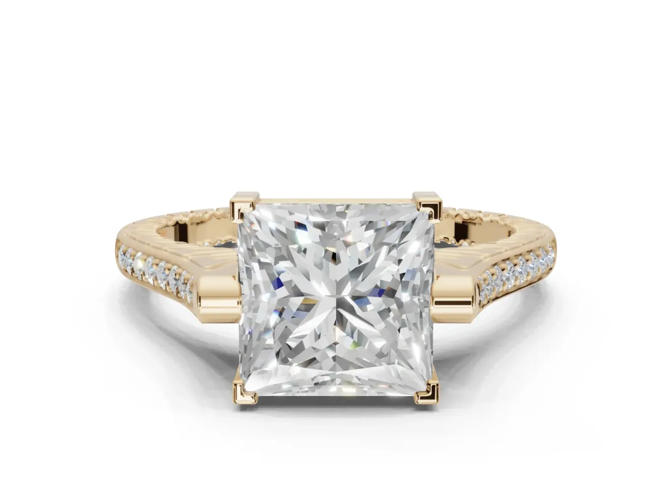 Princess Cut Vintage Cathedral Engagement Ring Setting | Carved Band | Yellow Gold