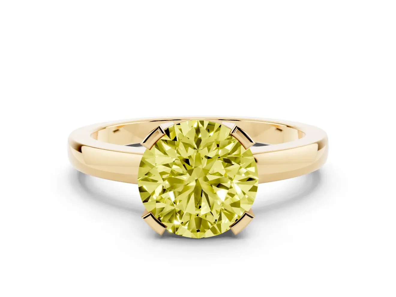 Fancy Yellow Round Cut Diamond Solitaire Ring Set in Yellow gold with Prong Head and Smooth Polished Band