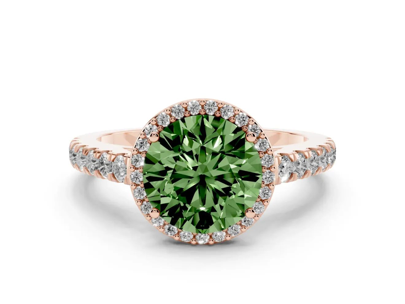 Fancy Green Round Cut Diamond Halo Engagement Ring Set in Rose gold with Pavé Band and Prong Setting