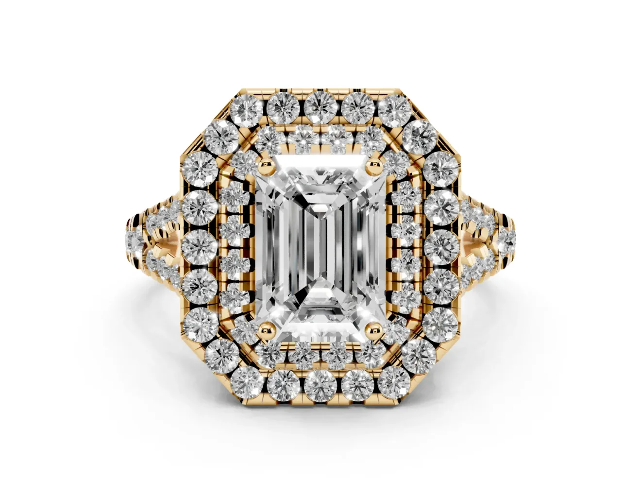 Emerald Cut Halo Split Shank Engagement Ring Setting | Yellow Gold