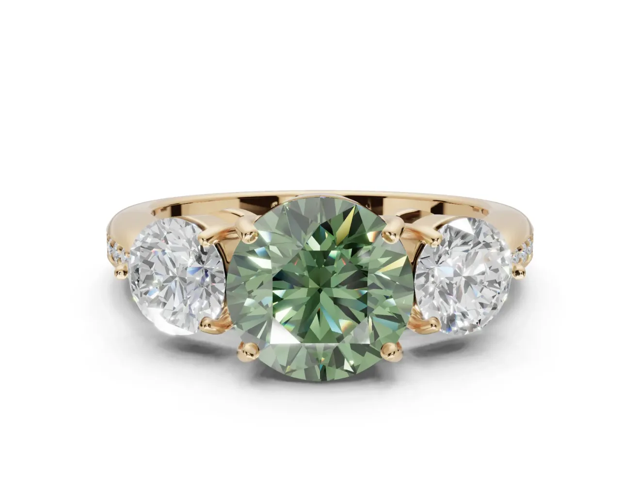 Round Three Stone Engagement Ring Setting for a Fancy Green Lab-Grown Diamond | Tapered Pave Band | Yellow Gold
