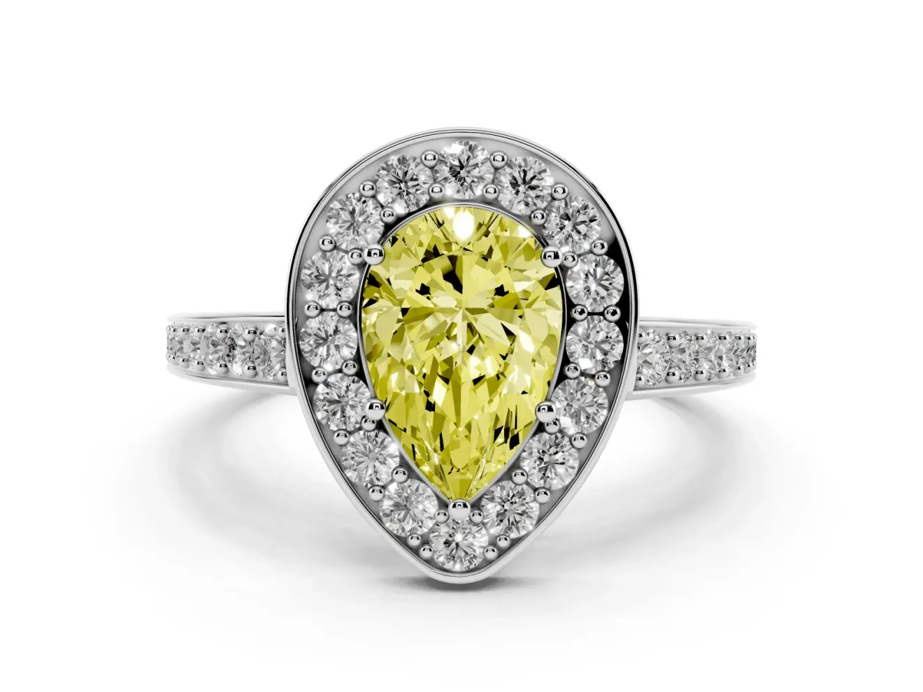 Fancy Yellow Pear Cut Diamond Halo Pavé Engagement Ring Set in Platinum with Bezel Setting