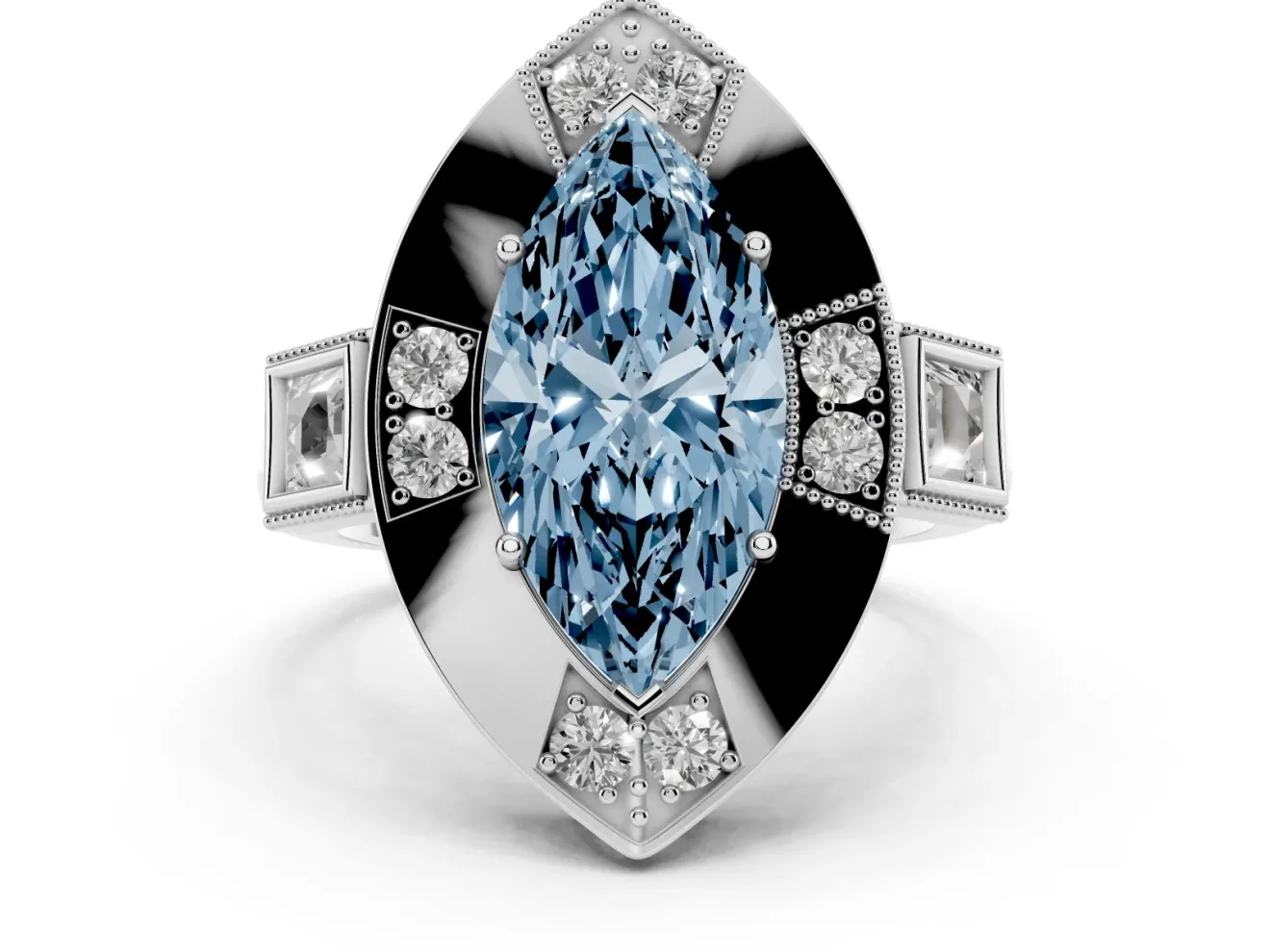 Fancy Blue Marquise Cut Diamond Milgrain Halo Ring Set in White gold with Split Shank