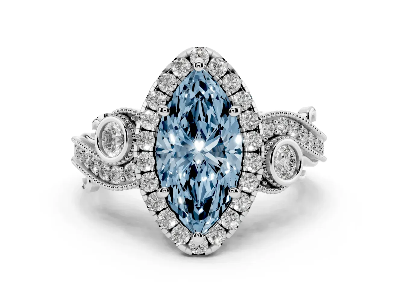 Fancy Blue Marquise Cut Diamond Halo Ring Set in White gold with Milgrain Pavé Band and Prong Setting
